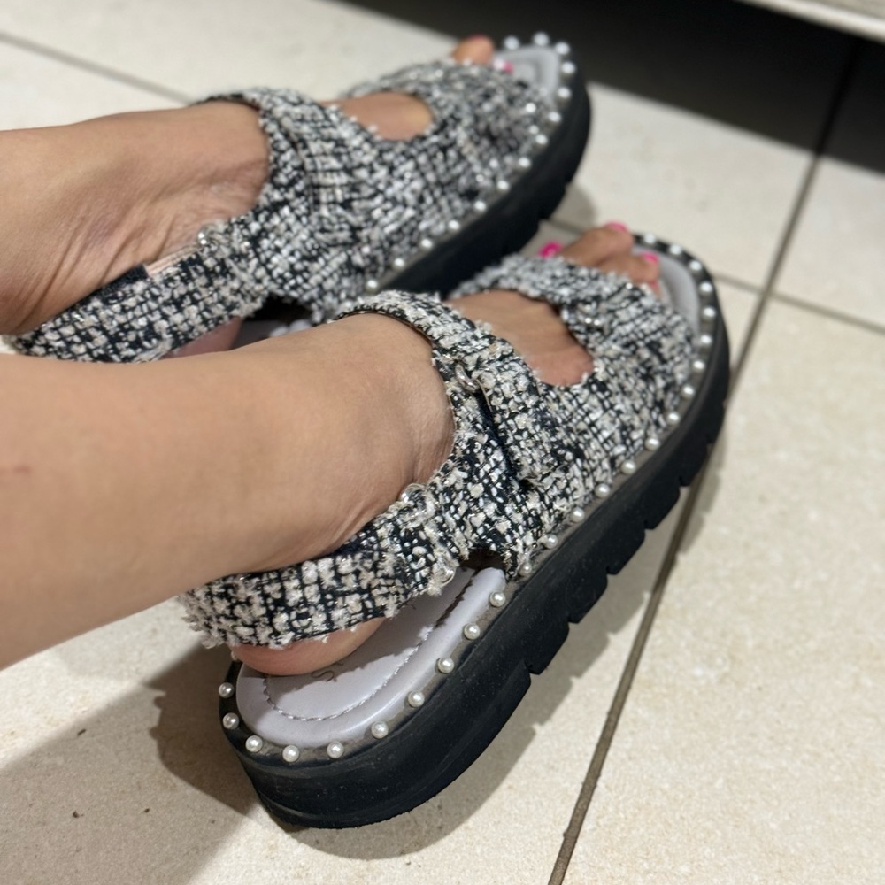 Stuart Weitzman Black and White Tweed Sandals